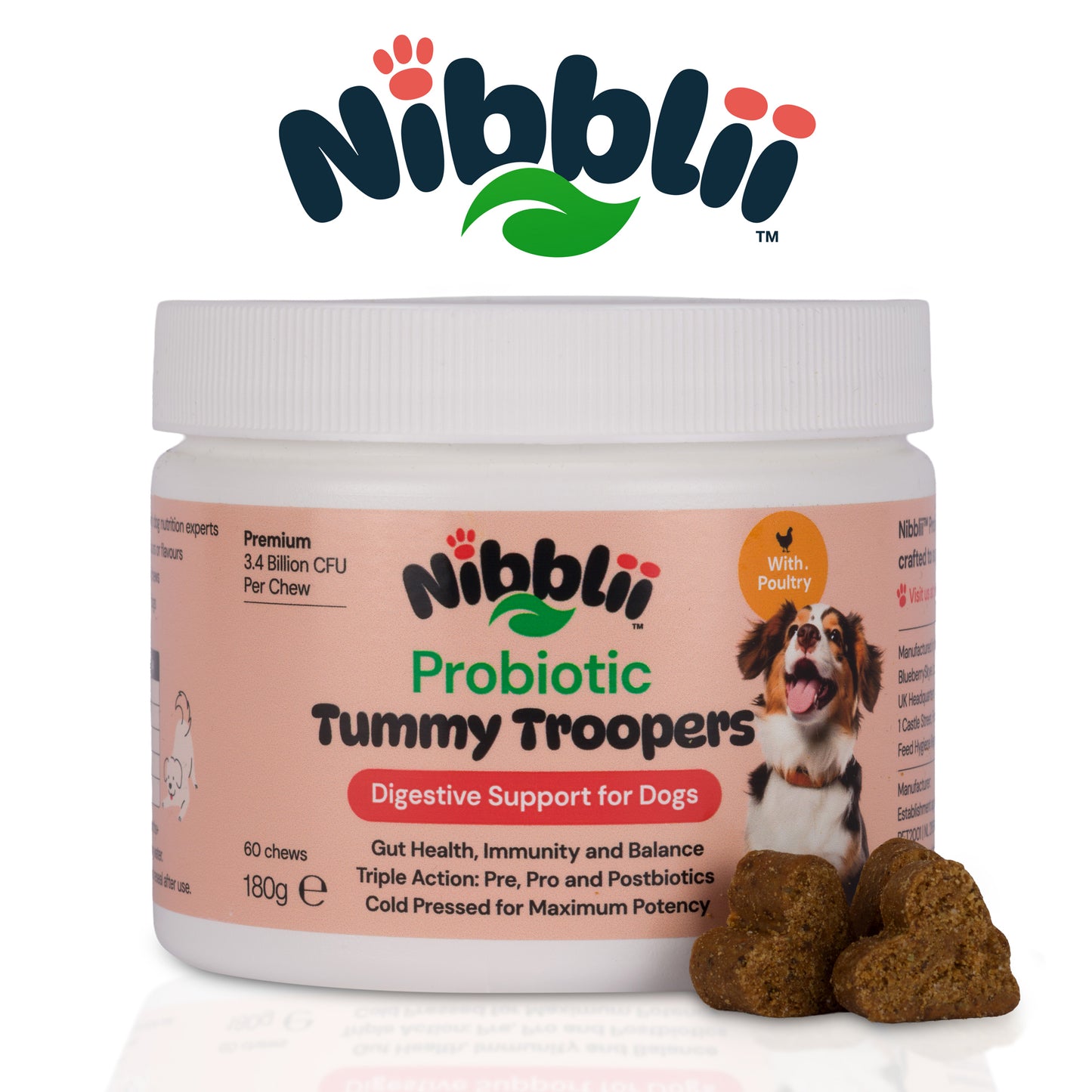 Nibblii Tummy Troopers | Probiotic Dog Chews | Digestive Support | Triple-Action 3.4 billion CFU