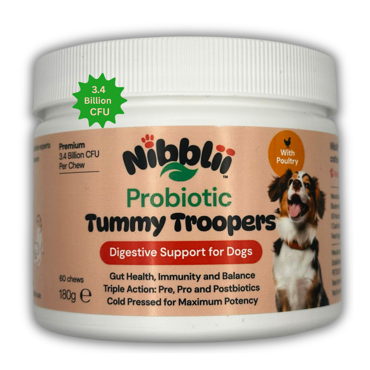 Sensitive Stomach Dog Probiotics - Firmer Stools and Happy Tummies | With Cranberry & Chicory | 3.4 Billion CFU Soft Chews | Pre, Pro & Postbiotics | Nibblii Tummy Troopers
