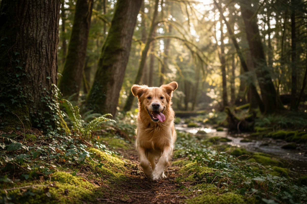 happy dog running through forest